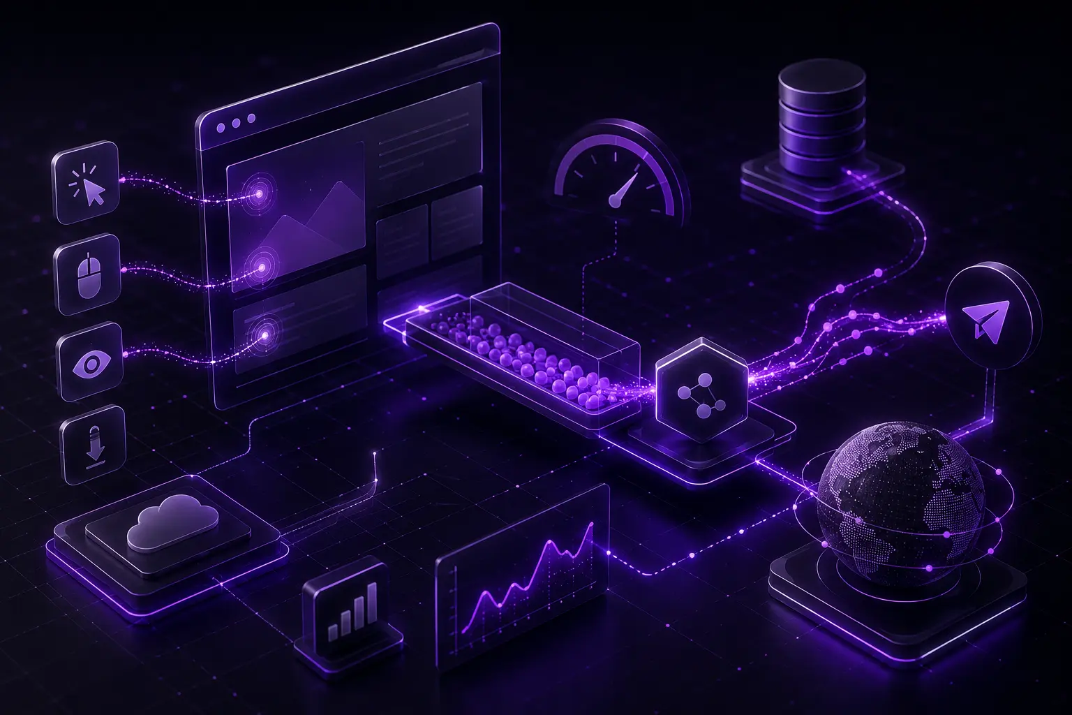 Isometric illustration of user interaction icons flowing through a batching funnel into a network and database pipeline toward a globe