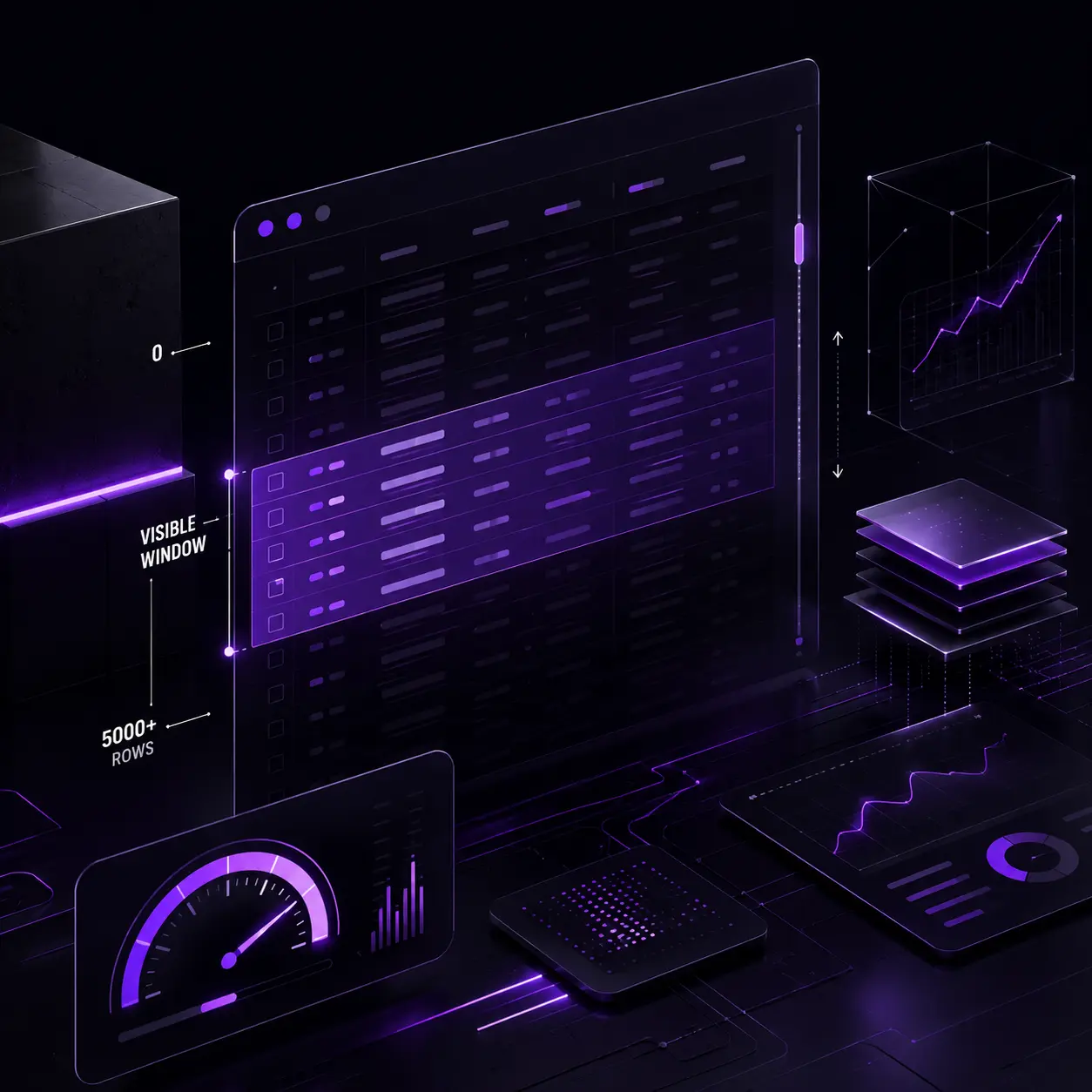 Isometric illustration of a data table with a highlighted visible-row window among 5000+ rows, next to a performance speedometer gauge