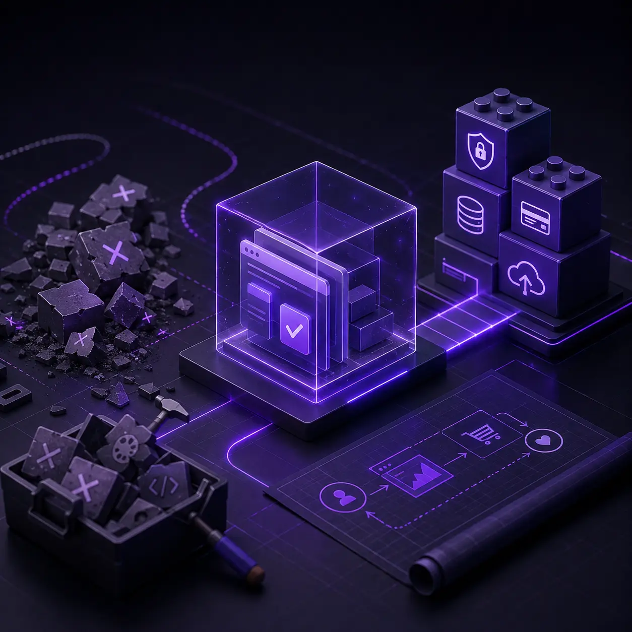 Isometric illustration of an app mockup in a glass cube beside discarded blocks and stacked building blocks for security, database, and payments