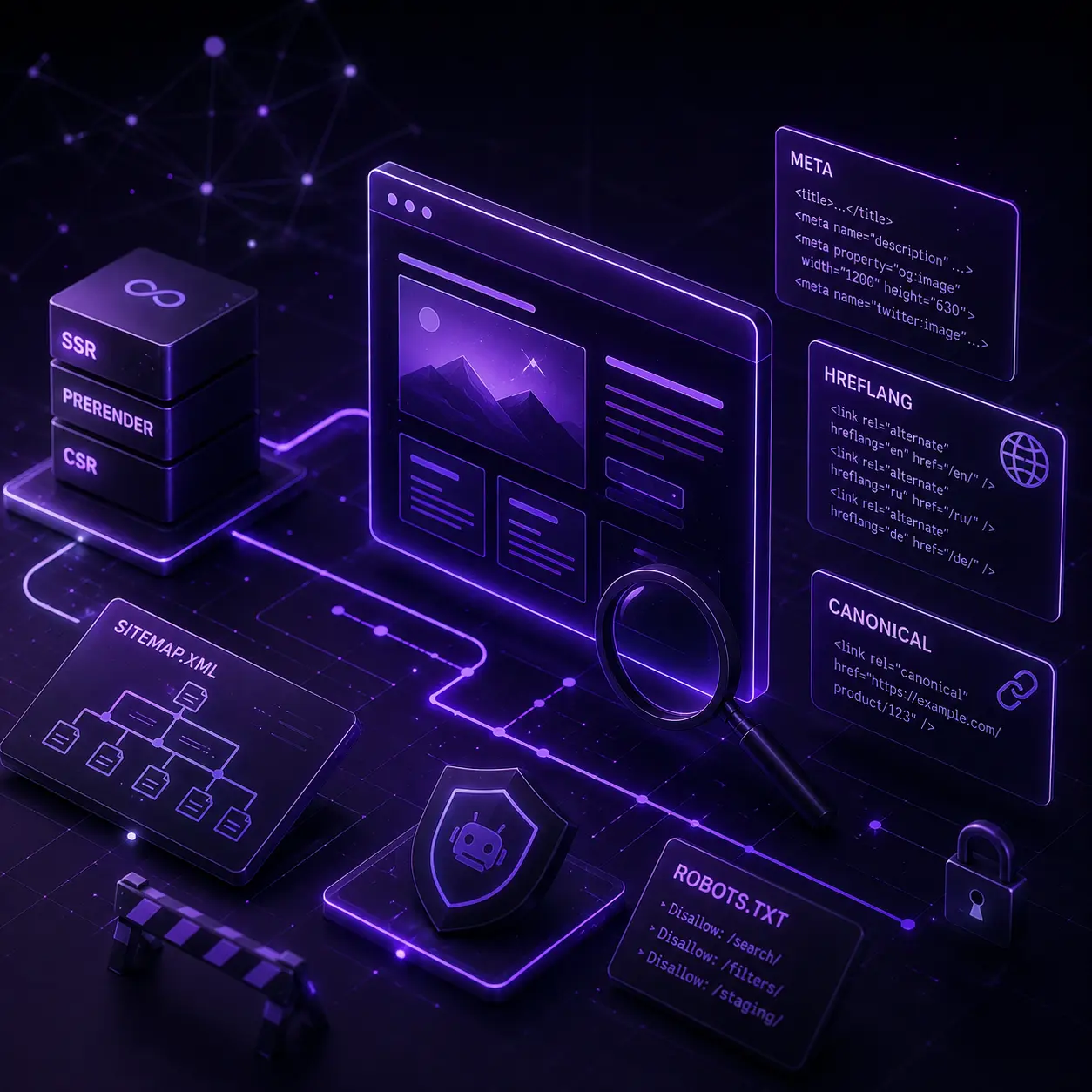 Isometric illustration of a browser window with SEO audit panels for meta tags, hreflang, canonical links, a sitemap tree, and robots.txt rules