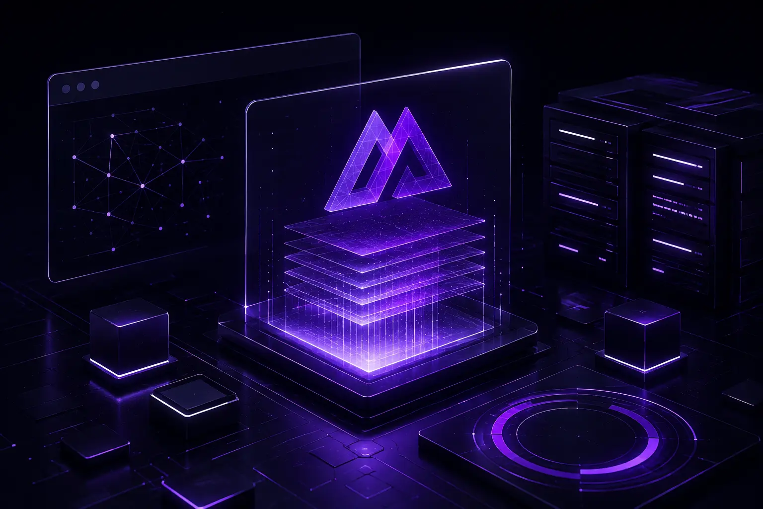 Isometric illustration of a glowing Digital Web Alliance logo above stacked translucent server layers, symbolizing server-side rendering architecture